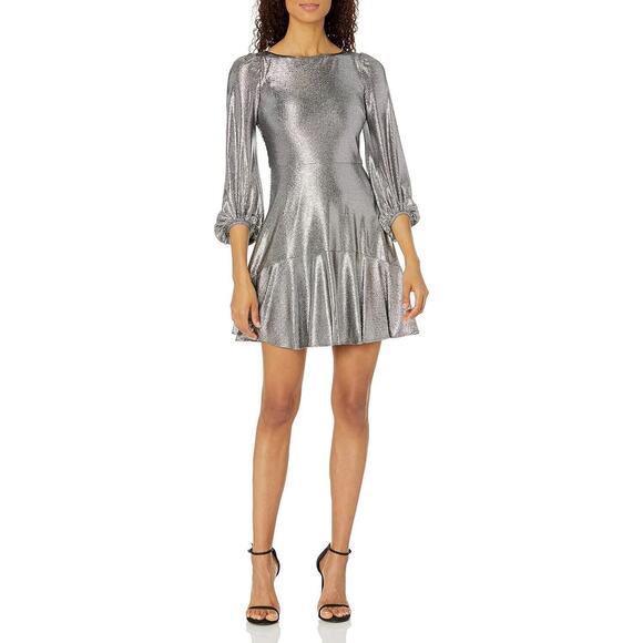 Eliza J Women's 3/4 Sleeve Fit & Flare Dress in Metallic Silver Size 6 MSRP $168 - Picture 1 of 6